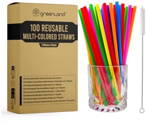 Greenland 100 Wiederverwendbare Buntfarbene Trinkhalme mit Bürste – 21 cm lang, 6 mm breit – Perfekt für Cocktails, Milch, Saft, Tee (Strohhalme)