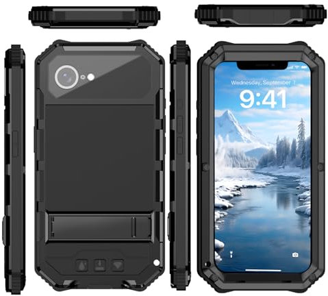 MIYIYQP Compatible for iPhone 16E Metal Case, Heavy Duty Rugged Phone Cover with Kickstand & Screen Protector, Full-Body Bumper Hard Case with Metal Frame, Shockproof Anti-Scratch (Balck) Black