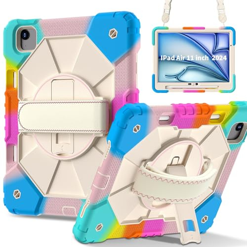 Custodia per tablet PC Compatible with iPad Air 11 (M3) 2025)/Air 11（M2) 2024 Shockproof Heavy Duty Hybrid Cover Rotatable Stand, Detachable Strap & Built-in Pencil Holder, Anti-Scratch Silicone PC Ar