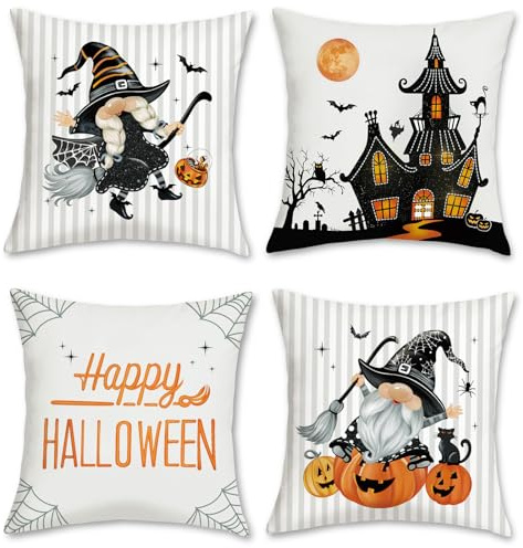 Bonhause 4er Set Halloween Kissenbezüge Grau 45 x 45 cm Zwerge Kürbis Burg Samt Soft Dekorative Kissenhülle Zierkissenbezüge für Sofa Schlafzimmer Auto Zuhause Dekoration