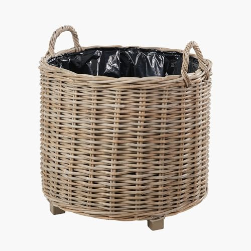 Bliss and Bloom Round Wicker Planter with Plastic Lining Grey & Buff Kubu Rattan Medium Basket Indoor Outdoor