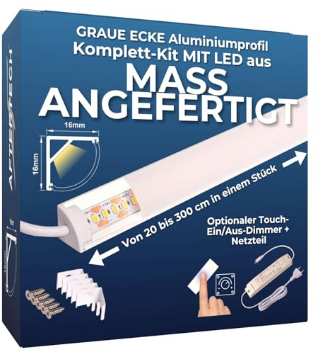 AFTERTECH LED-Leiste Aluminiumprofil ECKE WEISS NACH MASS auf den Zentimeter genau von 20 bis 300 cm in einem EINZELNEN Stück gefertigt – STARKES LICHT 19,2 W/m 180 LED/m ANPASSBAR Küchenunterschrank