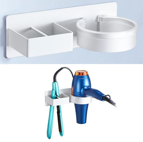 YYBO Soporte secador de Pelo, Soporte secador Pelo y Plancha, Soporte para secador de Pelo sin Taladro, Soporte Plancha Pelo, Soporte secador para Baño, hoteles, Barbershop (Blanco)