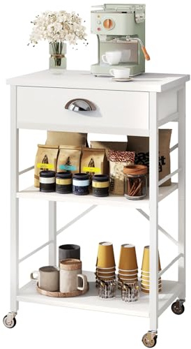 IBUYKE Kitchen Bakers Rack with Drawers,3-Tier Microwave Oven Stand with Storage, Coffee Bar Table with Wheels,Adjustable Shelf,Simple Assembly,White TMJ030W