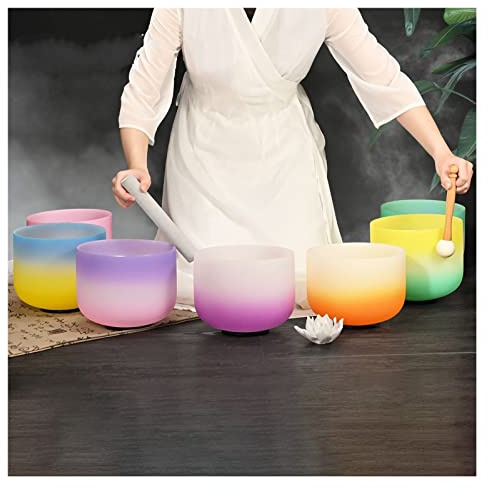 Crystal singing bowl 8-14 Candy Frosted Chakra Quartz Crystal Singing Bowl Set Of 7 Notes W/Free Mallet & O-Rings(440hz 8 14 Inch)