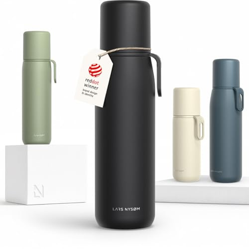 LARS NYSØM Thermosflasche aus Edelstahl - Doppelwandige Isolierflasche mit Becher & Tragegurt, Auslaufsichere Trinkflasche Edelstahl & Thermoskanne für Reisen, Büro & Outdoor (Carbon Black, 1000ml)