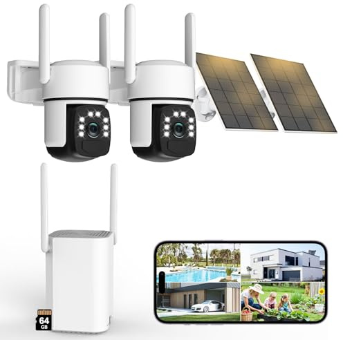 Budsun 4K Camera Surveillance WiFi Exterieure sans Fil,Camera Solaire/Batterie/Double Objectif,360°PTZ Sécurité à Domicile,Suivi Automatique,Vision Vocturne (Blanc 2PCS)