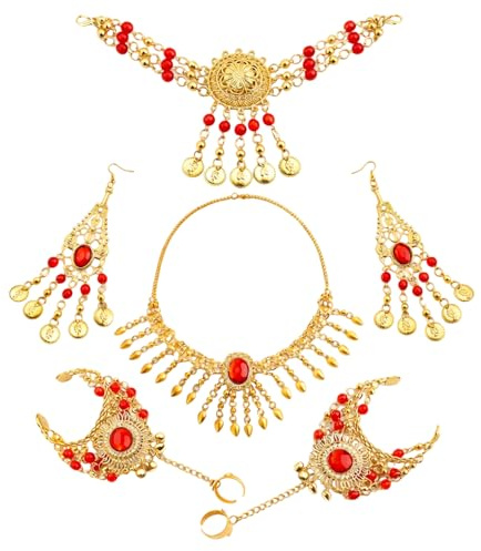 KxrTpx Indian Jewellery Set for Women, Indian Necklace and Maang Tikka, Belly Dance Costume Accessories, Bollywood Jewellery Collection with Ear Chain Earrings, 6-Piece Set for Traditional Occasions