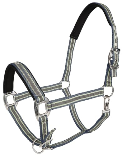 Equinate Halfter Oakley Pony Blau-Silber doppelt verstellbar mit Polsterung - Ergonomisches Stallhalfter mit weichem Nacken und Nasenbereich - Pflegeleichtes Weidehalfter