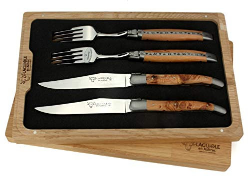 Laguiole en Aubrac - 2 Steakmesser und 2 Gabeln im Set - Griff Wacholder Holz - Original Frankreich mit Zertifikat