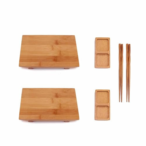 BambooMN Bamboo Sushi Plate/Tray, Chopsticks and Compartment Sauce Dish, 8.3 Rectangle - 2 Sets