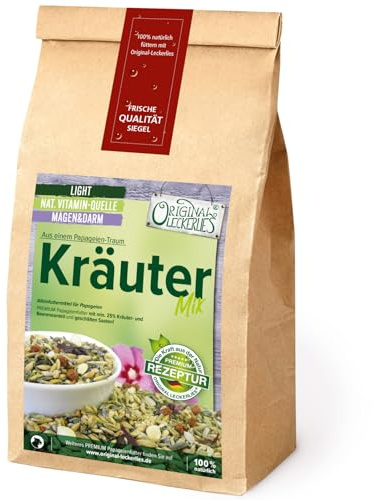 ORIGINAL LECKERLIES® Kräuter-Mix 500g, ***Premium Qualität*** Papageienfutter mit geschälten Saaten, hoher Anteil an Kräutern, Getreide und leckeren Hagebutten und Ebereschenbeeren