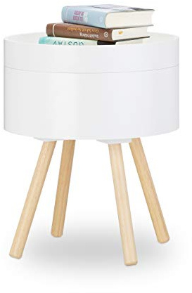 Relaxdays Beistelltisch rund Vintage Design, 70er, Nachttisch mit Tablett, kleiner Couchtisch, Staufach, HxBxT: 49x40x40 cm, weiß