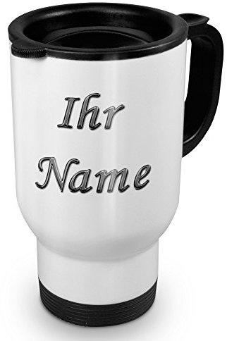 printplanet® Thermobecher weiß mit Namen personalisiert - Motiv Chrom-Schriftzug individuell gestalten - Coffee To Go Becher, Thermo-Tasse