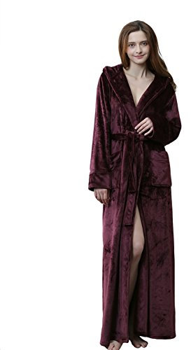 BELLOO Women's Flannel Fleece Dressing Gown with Hood, Burgundy M