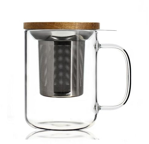 OGO LIVING - tisana gustave 450ml - 7912005 - Ideale per tè, tisane, infusi e rooibos - tazza da tè in vetro e coperchio in legno di acacia