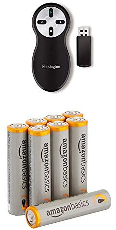 Kensington Presenter, Kabellos, Laserfrei, 20m Reichweite, Kompatibel mit Window & macOS, K33373EU, Schwarz mit Amazon Basics Batterien