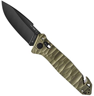TB Outdoor - Couteau CAC® - Couteau Armée Française - Survie et Outdoor - Lame Lisse Anti-Corrosion - avec Coupe Sangle - Manche PA6 FV Kaki - Lame Utile 85 mm