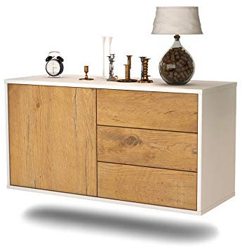 Lowboard Fort Worth hängend (92x47x35cm) Korpus weiß matt - Front Holz-Design Eiche - Push to Open - hochwertige Leichtlaufschienen