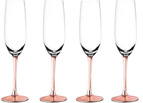 Sparkleware Set of 4 Metallic Rose Gold Glass Champagne Flutes/Glasses - Toasting Flutes for Anniversary or Birthday Celebration (Pink Stems)