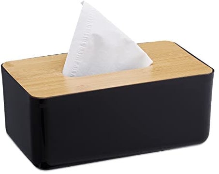 Relaxdays Taschentuchbox, nachfüllbar, Badezimmer, Tücherbox, Bambus-Deckel, Kunststoff, HBT: 10x23x13 cm, schwarz/Natur, 1 Stück