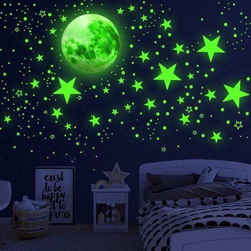 Wandaufkleber, leuchtet im Dunkeln, Mond für Decke, Planeten, Weltraum, Wandaufkleber, Sonnensystem, Galaxie, Wandaufkleber für Kinder, Jungen, Schlafzimmer, Wohnzimmer, Dekoration, Grün, 1086 Stück