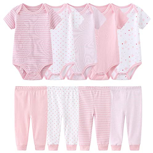 Chamie Baby Bodys Kurzarm Hose Bekleidungsset für Neugeborene Jungen und Mädchen Baumwolle Rose 3-6 Monate
