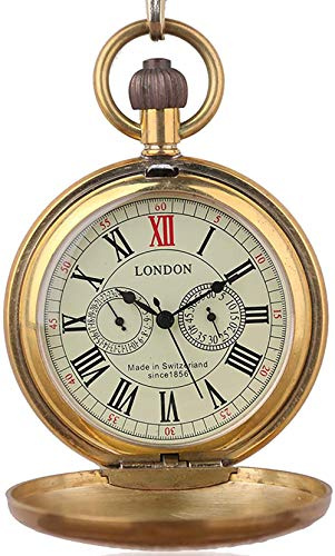 Tiong Antique Copper London Pocket & fob Watches Mechanical Watch Hand Wind Mens Pocket with Chain Xmas Gift Box
