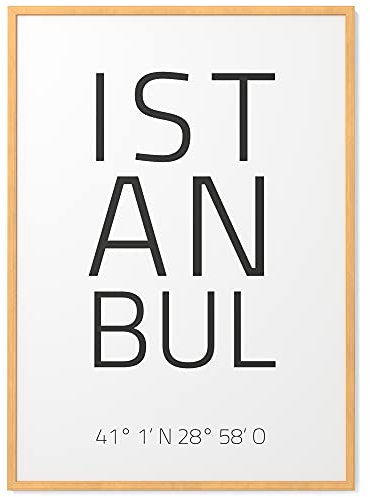 Papierschmiede® Geo Poster Koordinaten Istanbul, A4 Gerahmt im Natur-Holzrahmen, Stadt Bild als Wanddeko für Wohnzimmer Schlafzimmer Küche Esszimmer, Türkei Bosporus Türkisch