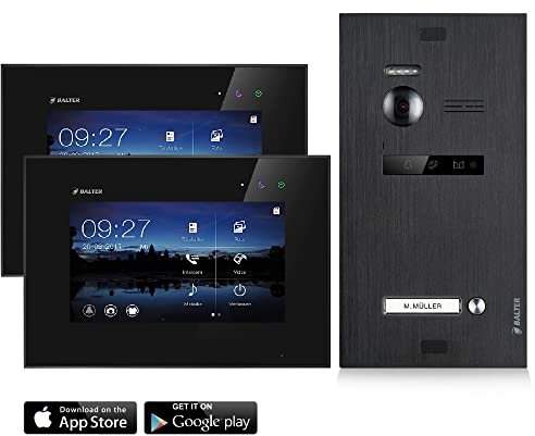 Balter EVO Video Türsprechanlage, Touchscreen, 7 Zoll Monitor Schwarz, 2-Draht Bus, Schwarze Türstation für 1 Familienhaus Türklingel, 150° Weitwinkel-Kamera (2 Monitore, Mit App)