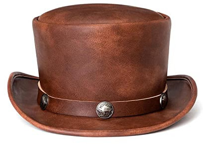 HappyERA- Punk-Zylinder aus Leder für Männer und Frauen, Halloween-Kostüm Zaubererhut Cowboyhut - Braun, Einheitsgröße