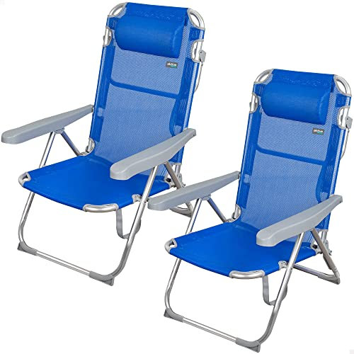 AKTIVE Beach - Lot de 2 Chaises de Plage Pliantes Gomera, Multipositions avec Dossier Réglable, Coussin, Protections Anti-Renversement et Poignée de Transport, 48 X 60 X 90 cm, Bleu