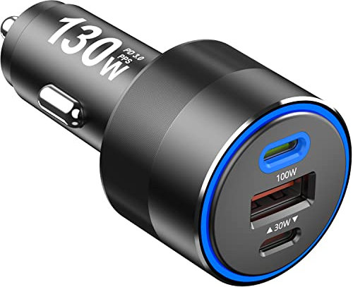 130W USB C Car Charger, PD 100W PPS 45W QC 30W Type C Super Fast Charging LED Cigarette Lighter USB-C Car Adapter for iPhone 16 15 14 Pro Samsung S24 S23 Ultra iPad MacBook Pro Air Laptop
