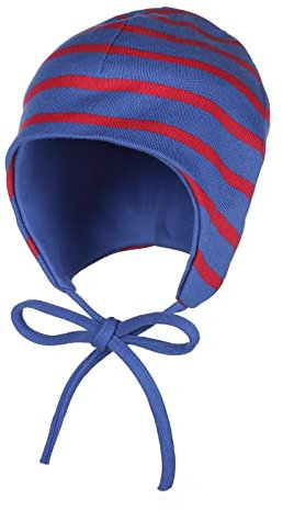 modAS Baby Mütze aus Baumwolle - Kopfbedeckung Mädchen Jungen mit Bindeband und Ohrenschutz in Royal-Rot 45 cm - ca. 9-12 Monate