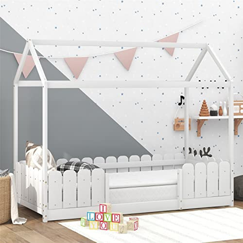 HUMNZR Babybett für Jungen & Mädchen,Kinderbett mit Schublade und Rausfallschutz, Stabil Massivholz & Holz-Platte Beistellbett mit Lattenrost, 90x200 cm,White