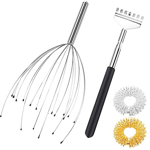 ANCLLO Kit De Masajeador De Cabeza, Masajeador De Cabeza De Acero Inoxidable De 20 Garras Y Rascador De Espalda Con 2 Anillos De Masaje De Dedos Para Aliviar El Estrés Masaje Relajante