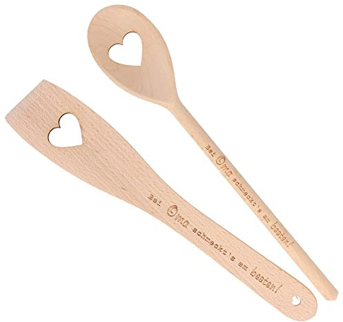 Spruchreif | 2er-Set Kochlöffel/Pfannenwender Bei Oma schmeckts am Besten | Pfannenwender aus Holz mit Gravur | Geschenke für die Familie | Holzkochlöffel | Küchenhelfer