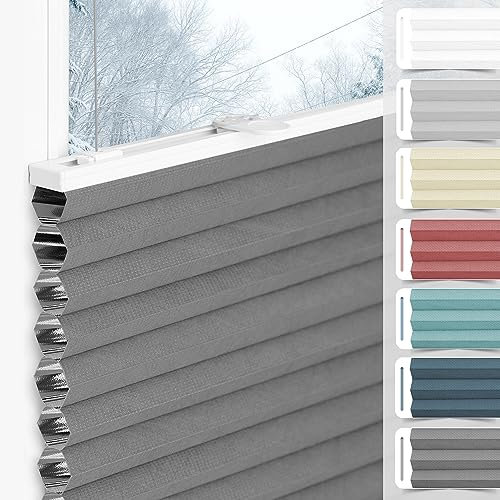 bobodeco Wabenplissee Plissee ohne Bohren Verdunkelung Klemmfix Thermo Verdunklungsplissee, Grau-Weiß 90x130 cm(BxH), 100% Verdunkelnd & Sicht- & Schallschutz, Wärmeisolierung für Fenster & Tür