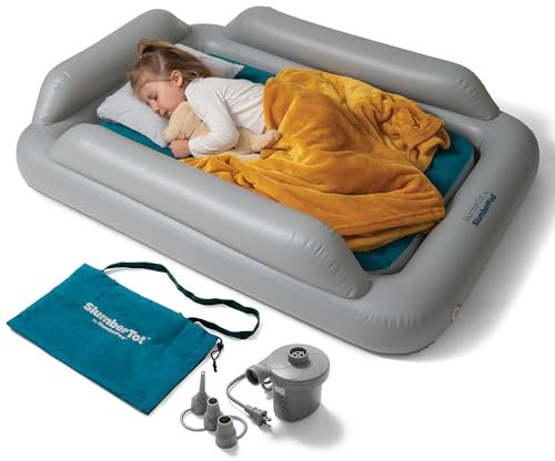SlumberPod SlumberTot Inflatable Toddler Travel Bed - Portable Kids Air Mattress with Safety Bumpers - Perfectly Sized Ideal for Travel or Home Use - Includes Electric Pump