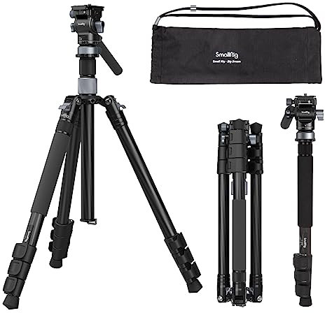 SMALLRIG 160cm Trépied en Fibre de Carbone, Trépied Vidéo w/Tête Fluide à Dégagement Rapide, Leveling Bowl Base et Colonne Centrale, Trépied de Voyage Ultraléger de 1,3 kg, Charge jusqu'à 4kg - 4221