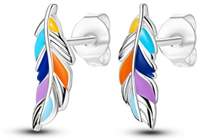 NARMO 925 Sterling Silber Ohrstecker für Frauen Bunte Feder Vintage Ohrringe Hypoallergene Ohrringe
