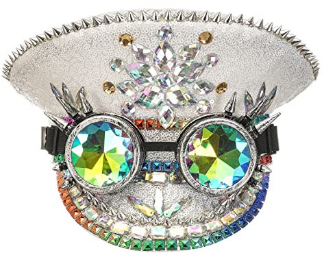 Bslingerie Halloween Steampunk Cosplay Pailletten Hut Rave Party Festival Kapitän Kopfbedeckung mit Brille, weiß, One size