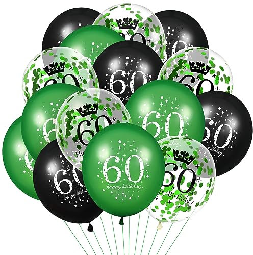 Luftballoon 60. Geburtstag Deko,15Stück Grün Schwarz Latex Luftballons, Happy Birthday Grün Latex Konfetti Folienballon 60. Jahrestag Party Dekoration Herren Damen Frau für Geburtstag Dekorationen