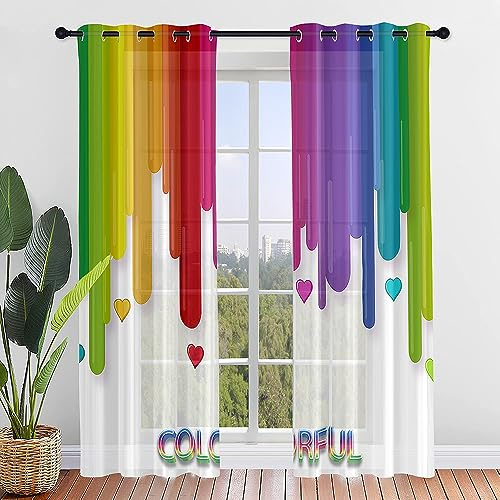 Hiseng Voile Vorhänge mit Ösen, Gardinen Halbtransparent 2er Set, Vorhang Gardinenschals Ösenschal Gardinen Wohnzimmer Moderner Regenbogenstreifen Curtains mit Schlaufen (107x213cm,bunt)
