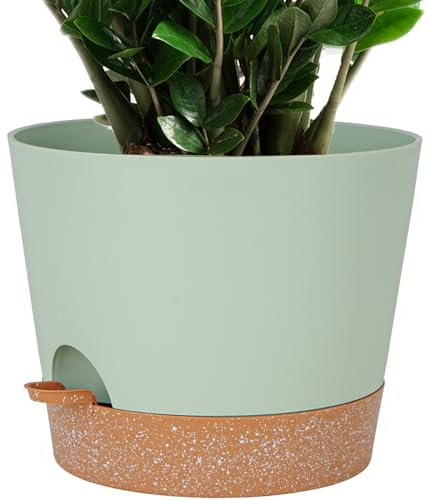 SwinDuck 30,5 cm großer, selbstbewässernder Blumentopf, Kunststoff-Zylinder-Pflanzgefäß mit 1,7 l tiefem Reservoir und Untersetzer, für Innen- und Außenbereich, Blumen, Zimmerpflanzen, Grün mit Braun