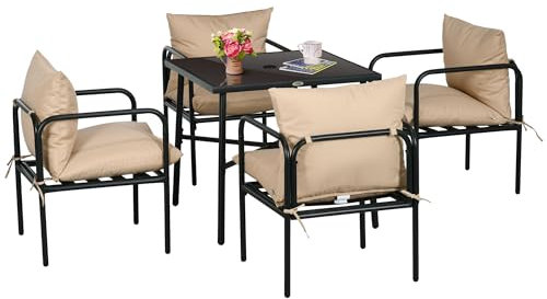 Outsunny - Juego de mesa y sillas de acero para jardín al aire libre, 5 piezas, con 1 mesa de comedor cuadrada y 4 sillas, 4 cojines, bandeja de cristal templado con agujero de sombrilla