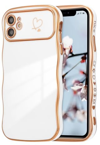 ZTOFERA Handyhülle Kompatibel mit iPhone 12 für Mädchen Frauen, Niedliche Lockige Wellen Rahmenform Flexibel Weiche Silikon Schutzhülle mit Liebe Herz Muster Goldener Rand Stoßfest Cover, Weiß