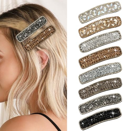 HAYHOI 8PCS Rhinestone Snap Hair Clips，3 Inch Large Glitter Barrettes | Rectangular Crystal Pin, French Alligator Duckbill for Bangs-Accessories for Women Girls-Gold Silver Black