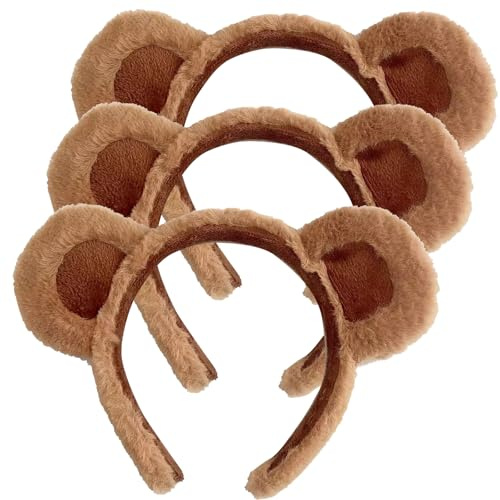 3Pcs Bear Ears Headband, Cute Plush Animal Hair Hoops, Animal Alice Hair Band for Girls and Women Furry Bear Ears Party Costume Accessories (Brown)