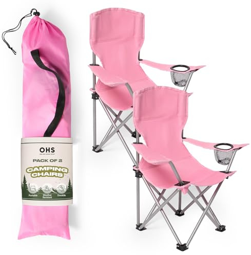 OHS Kids Garden Chairs Set of 2, Outdoor Lightweight Compact Portable Boys Girls Camping Chair Foldable Picnic Garden Beach Hiking Drinks Holder, Pink